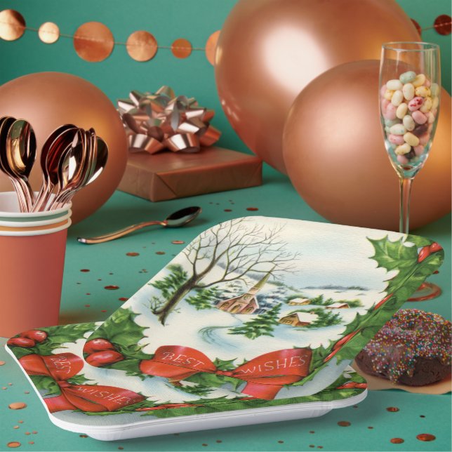 Retro-Weihnachtsstadt Feiertag Pappteller (Multi)