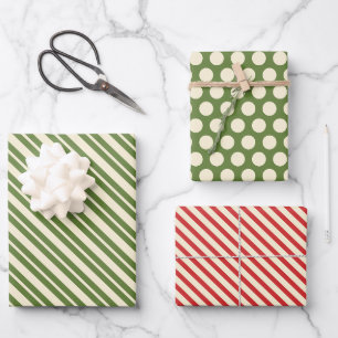 Retro Weihnachtssteine und Streifen Olive Green &  Geschenkpapier Set