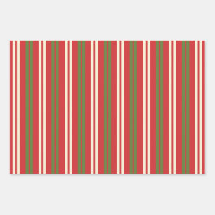 Retro Weihnachtsstreifen in Olive Green, Red, Crem Geschenkpapier Set