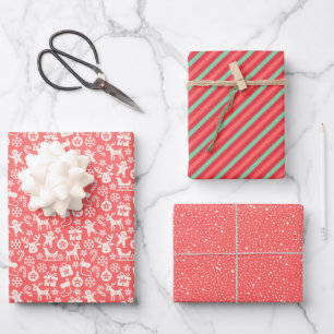 Retro Weihnachtsstreifen, Polka Dots, Rentier Geschenkpapier Set