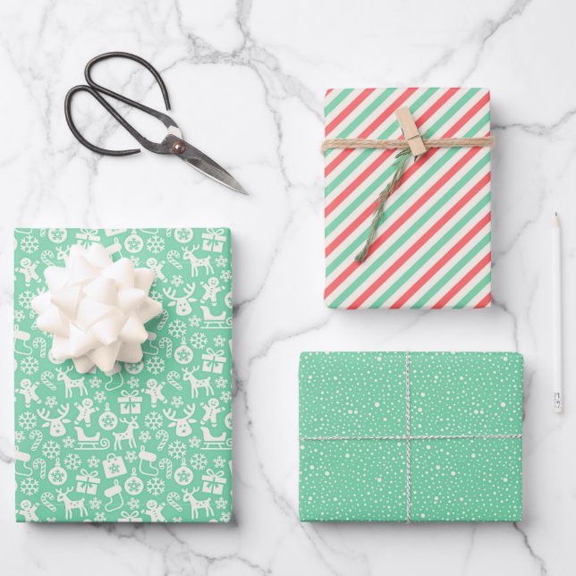 Retro Weihnachtsstreifen, Polka Dots, Rentier Geschenkpapier Set (Vorderseite)
