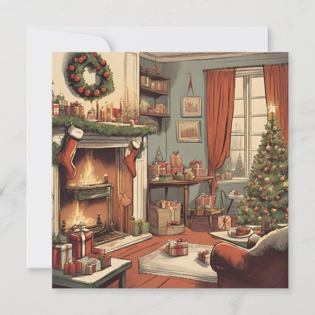 Retro Weihnachtswohnzimmer mit Weihnachtsbaum Feiertagskarte (Vorderseite)