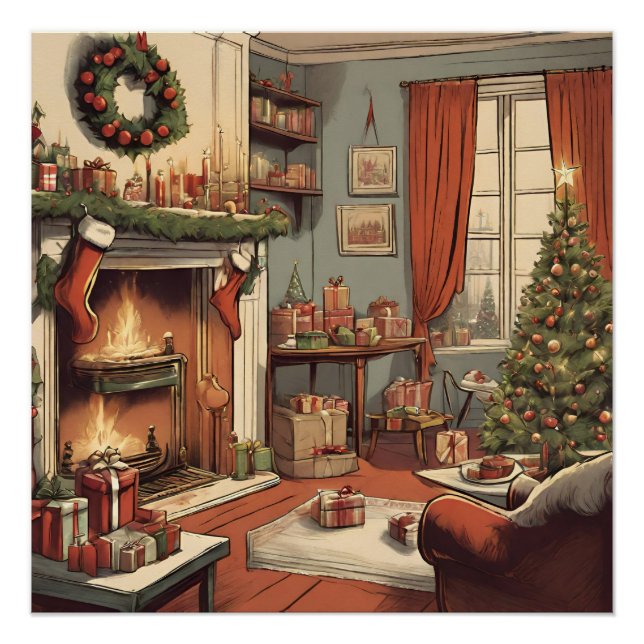 Retro Weihnachtswohnzimmer mit Weihnachtsbaum Poster (Vorderseite)