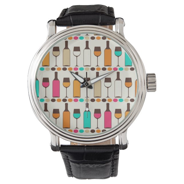 Retro-Weinflaschen und -gläser Armbanduhr (Vorderseite)