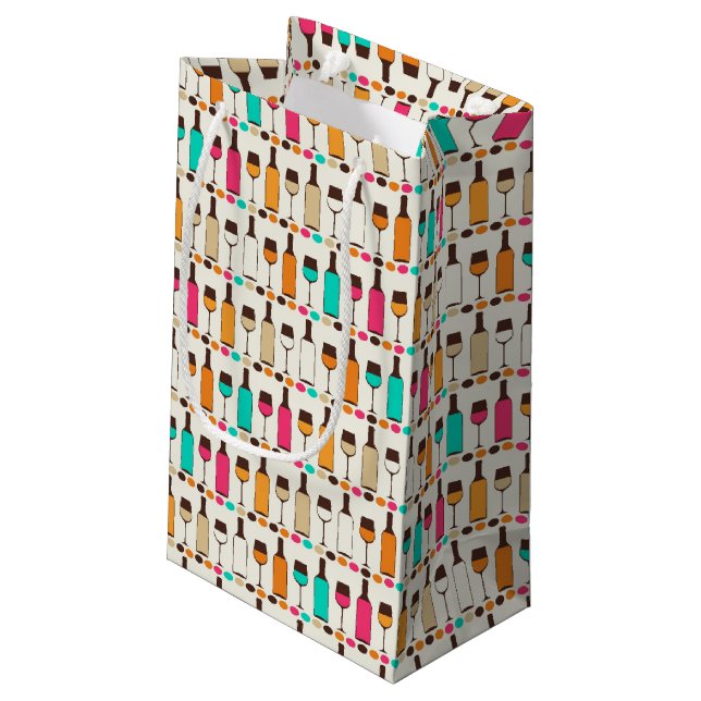 Retro Weinflaschen und -gläser Kleine Geschenktüte (Rückseite Schrägansicht)