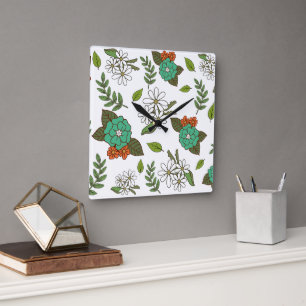 Retro Weiß und Grün Floral Quadratische Wanduhr