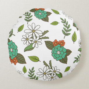 Retro Weiß und Grün Floral Rundes Kissen