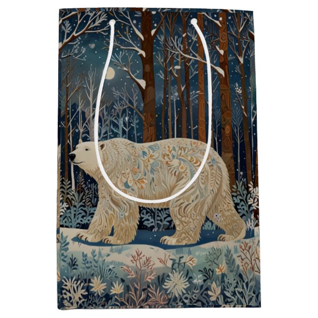 Retro-Weißbär boho Winterwald Mittlere Geschenktüte (Vorderseite)