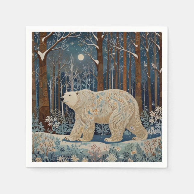 Retro-Weißbär boho Winterwald Serviette (Vorderseite)