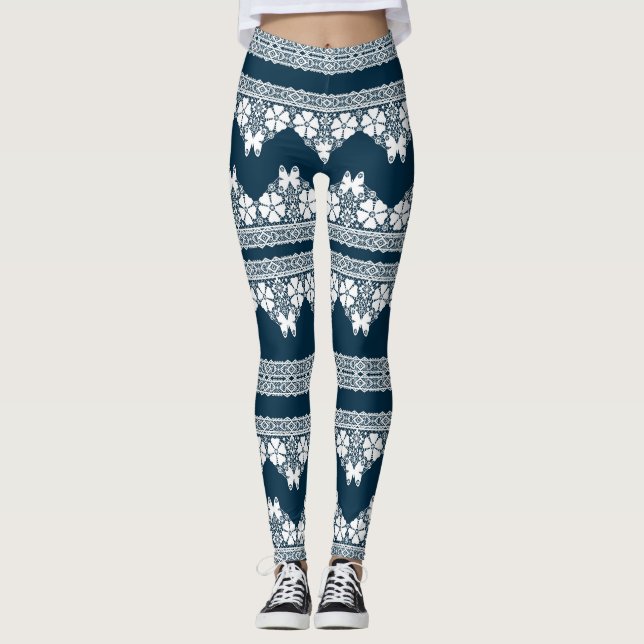 Retro-weiße Spitze mit Schmetterlingen auf dunkelb Leggings (Vorderseite)