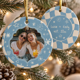 Retro-Wellen-Karomuster-Beste-Freunde-Bestie-Foto Keramik Ornament