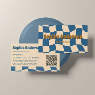 Retro-Wellen-Schachbrett-Muster-Funky Blau Beige Visitenkarte