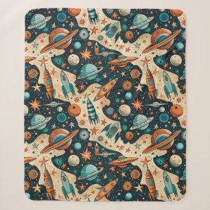 Retro-Weltraum-Raketen-Planeten-Orange-Türkis-Kind Sherpadecke