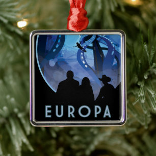 Retro-Weltraum-Reiseposter - Jupiters Mond Europa. Ornament Aus Metall