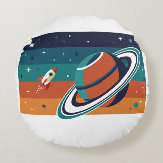 Retro-Weltraum-Reiseposter Ringplanet Rundes Kissen