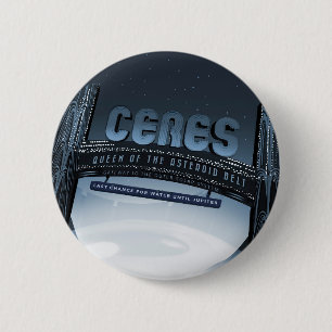 Retro-Weltraum-Reiseposter-Zwergplanet Ceres. Button