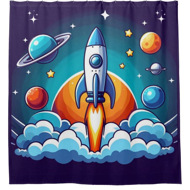 Retro, Weltraumrakete Duschvorhang (Vorderseite)