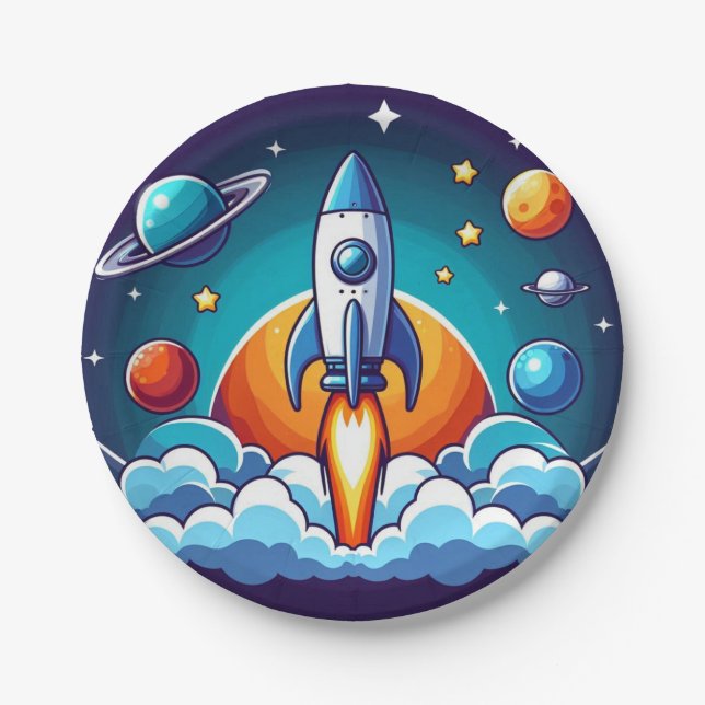 Retro, Weltraumrakete Pappteller (Vorderseite)
