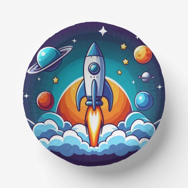 Retro, Weltraumrakete Pappteller (Vorderseite)