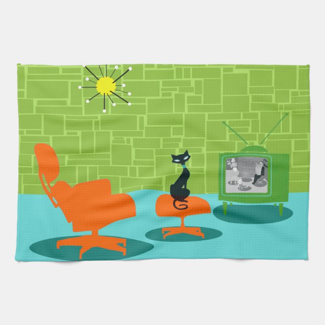 Retro Weltraumzeitalter-Miezekatze-Geschirrtuch Küchentuch (Horizontal)