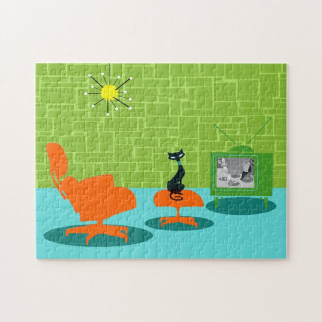 Retro Weltraumzeitalter-Miezekatze-Puzzlespiel (Horizontal)