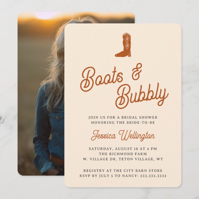 Retro Western Cowboy Boots & Bubbly Brautparty Einladung (Vorne/Hinten)