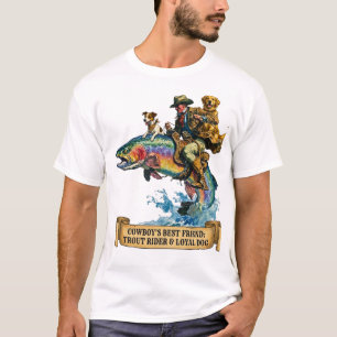 Retro-Western-Cowboy- und Hunde-Forellen-Fischerei T-Shirt