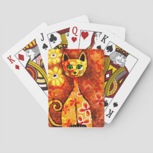 Retro Whimsical Cat Kitty Floral Orange Yellow Red Spielkarten