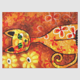 Retro Whimsical Cat Kitty Floral Yellow Orange Seidenpapier