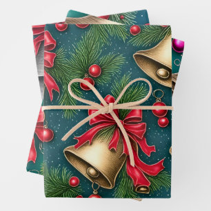 Retro Whimsical Christmas Bells Geschenkpapier Set