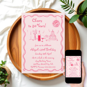 Retro whimsical Hot rosa Drehbuch Geburtstag Einladung