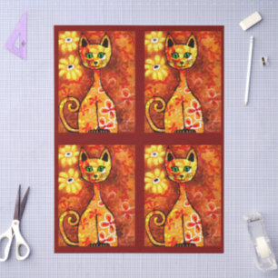 Retro Whimsical Katze Kätzchen Floral Orange Dekou Seidenpapier