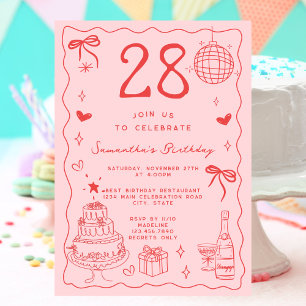 Retro Whimsical Quirky Red Pink 28. Geburtstag Einladung
