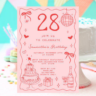 Retro Whimsical Quirky Red Pink 28. Geburtstag Einladung