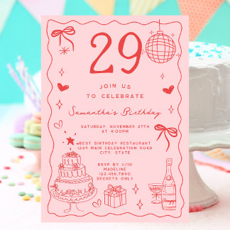 Retro Whimsical Quirky Red Pink 29. Geburtstag Einladung