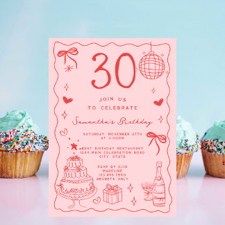 Retro Whimsical Quirky Red Pink 30. Geburtstag Einladung