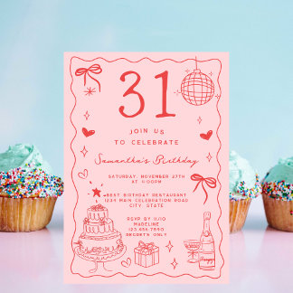 Retro Whimsical Quirky Red Pink 31. Geburtstag Einladung