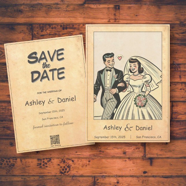 Retro Whimsical Romantic Bride Groom Comic Hochzei Save The Date (Von Creator hochgeladen)