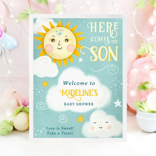 Retro whimsisical Sonne hier kommt der Sohn Baby D Poster (Retro whimsical Sun here comes the son baby shower Poster)