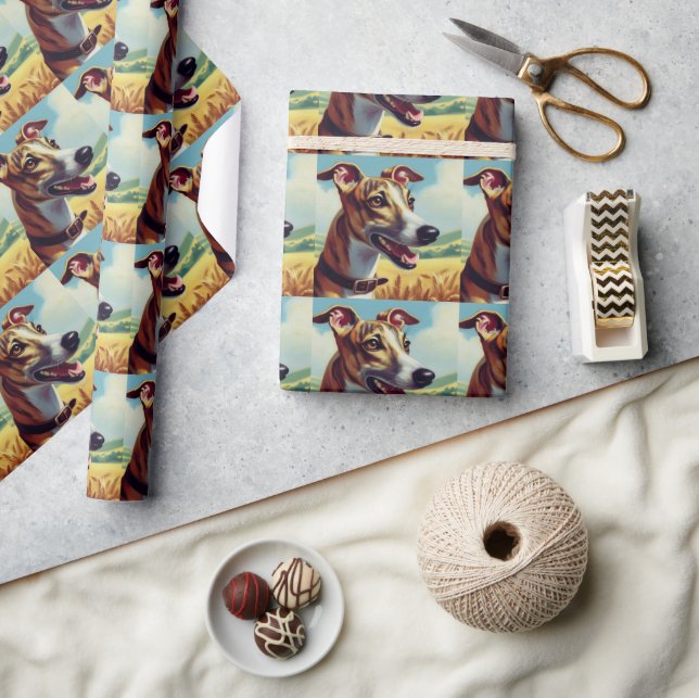 Retro Whippet Hunde-Gemälde Geschenkpapier (Kunsthandwerk)