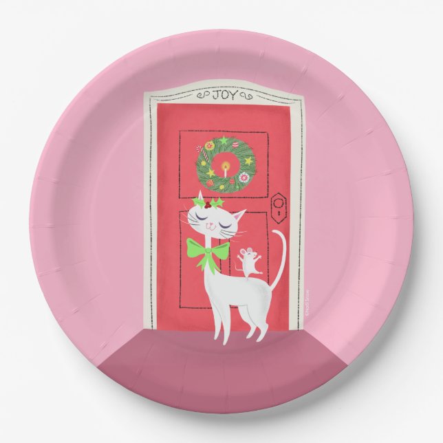 Retro White Cat and Mouse Paper Plate Pappteller (Vorderseite)