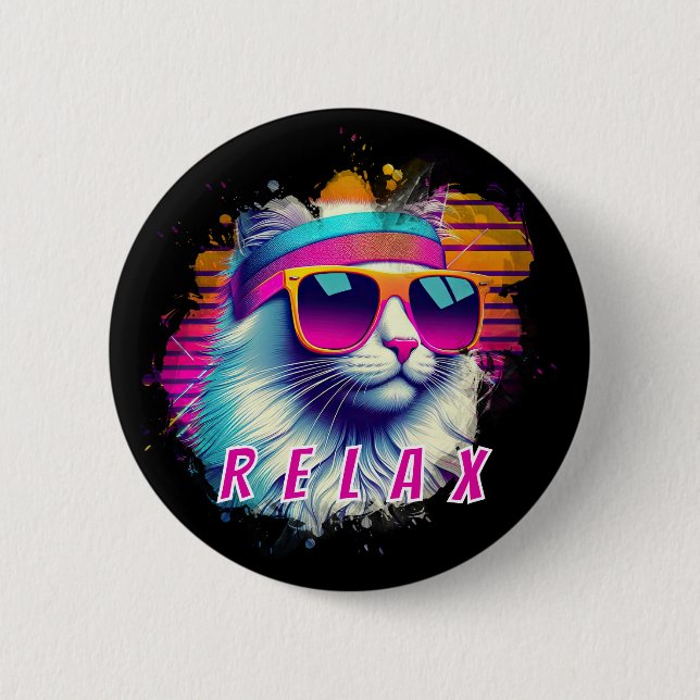 Retro White Cat mit Orange Sonnenbrille Custom Button (Vorderseite)