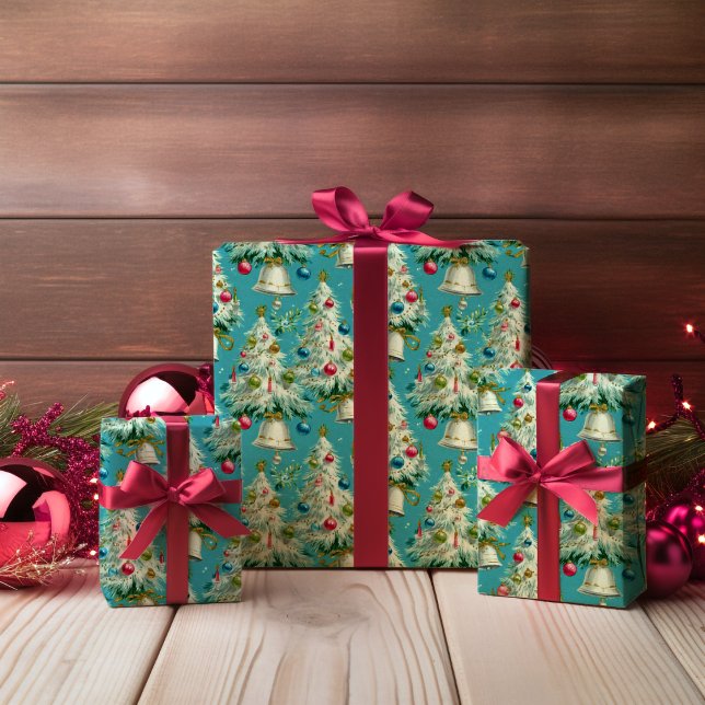 Retro White Christmas Trees Blue Geschenkpapier (Von Creator hochgeladen)