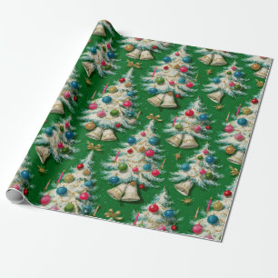 Retro White Christmas Trees Green Geschenkpapier