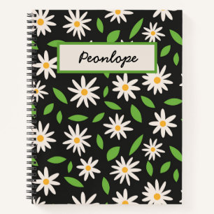 Retro White Daisies auf schwarz Personalisiert Notizbuch