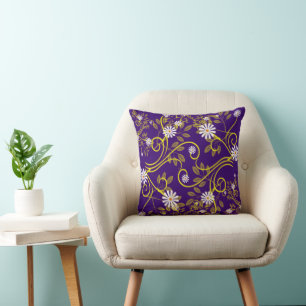 Retro White Daisy und Yellow Filigree Kissen