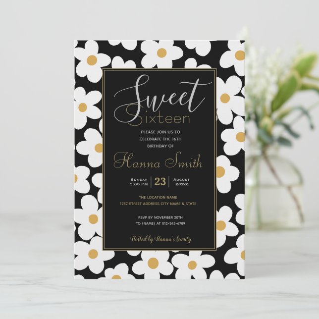 Retro White Gelb Big Daisy Blume Schwarzes Design Einladung (Stehend Vorderseite)