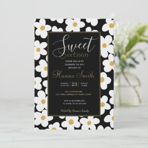 Retro White Gelb Big Daisy Blume Schwarzes Design Einladung