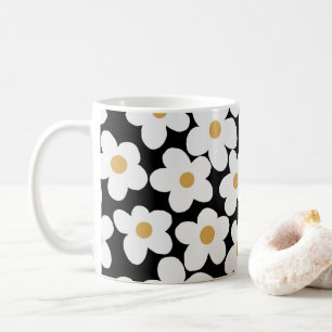 Retro White Gelb Big Daisy Blume Schwarzes Design Kaffeetasse