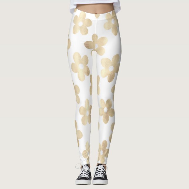 Retro White Gold Daisy Blume Leggings (Vorderseite)
